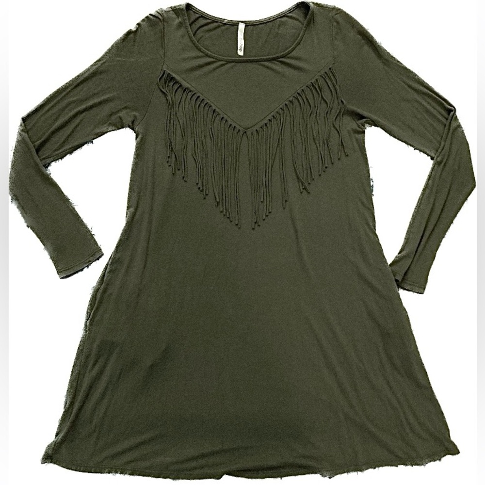 A06 Mittoshop Army Green Mini Dress Pockets Fringe Tunic Cowgirl Flowy Sz Small
